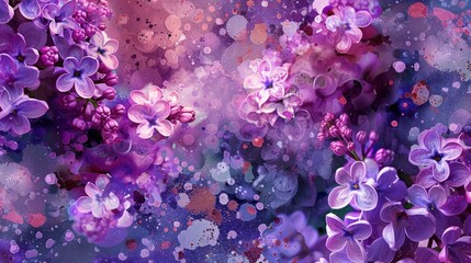 Beautiful expressive floral artwork featuring purple and pink flowers with a dynamic splash ink background, creating a vibrant and artistic composition. Summer flowers concept.
