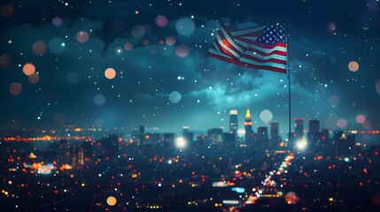 USA flag with night city background