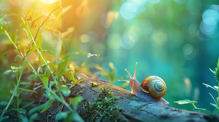 A snail in the forest in summer crawls through a log