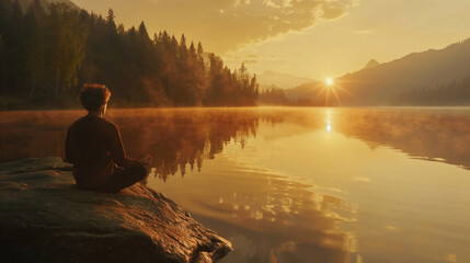 A person meditating by a tranquil lake during sunrise