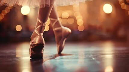 Close-up of a ballet dancer's feet on pointe shoes, gracefully gliding across the stage - Powered by Adobe