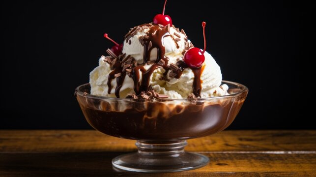 Close-up velvety indulgent hot fudge sundae