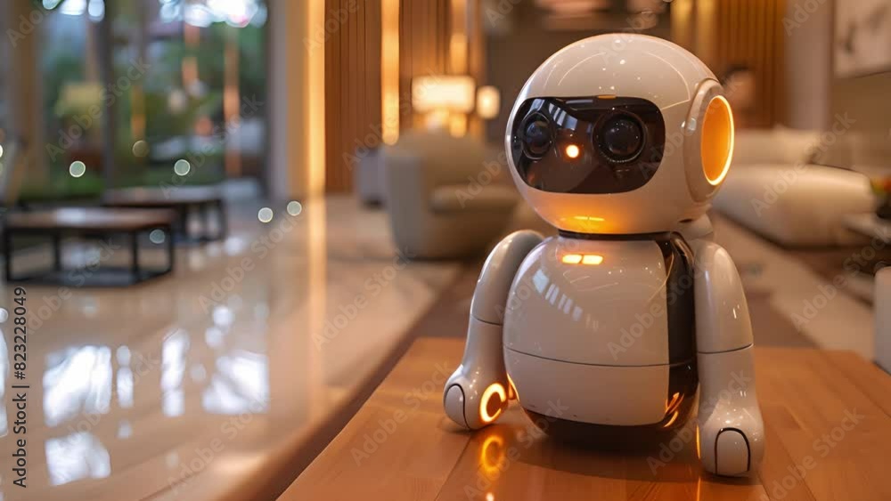 Poster a robot sits still on a table in a hotel lobby, its metallic frame shining under the soft lighting o