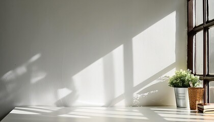 White wall background with natural lighting and minimalist style, with empty space,