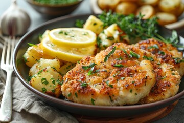 Schnitzel - Breaded and fried pork or veal cutlet with lemon wedges and potato salad. 