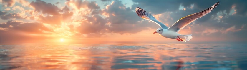 Obraz premium A seagull soars above the ocean at sunset. The sky is ablaze with color, and the water is calm and still. The seagull is a symbol of freedom and hope.