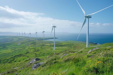 On the mountaintop by the seaside, a huge wind turbine