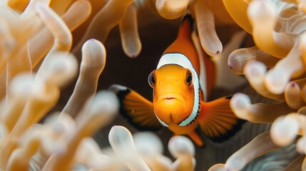 Close-up of a clownfish peeking out from the protective tentacles of a sea anemone