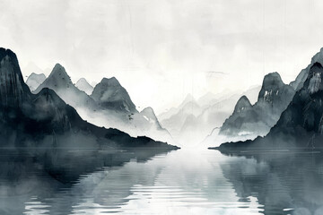 A watercolor painting of mountains and a lake, serene background in minimal style