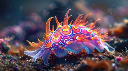 Close-up of a colorful nudibranch crawling along the ocean floor, displaying its vibrant hues