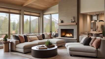 a spacious living area featuring a fireplace