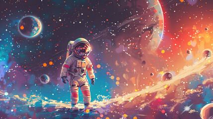 Naklejka premium Sketch of a child in a spacesuit floating in outer space, surrounded by stars and planets