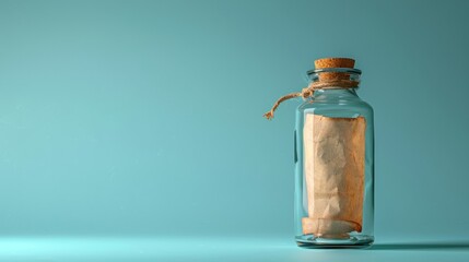 Glass bottle with a rolled-up message inside, isolated on a blue background with copy space on the right.