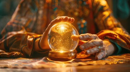Close-up of a fortune teller using a crystal ball to reveal the location of a hidden golden chest