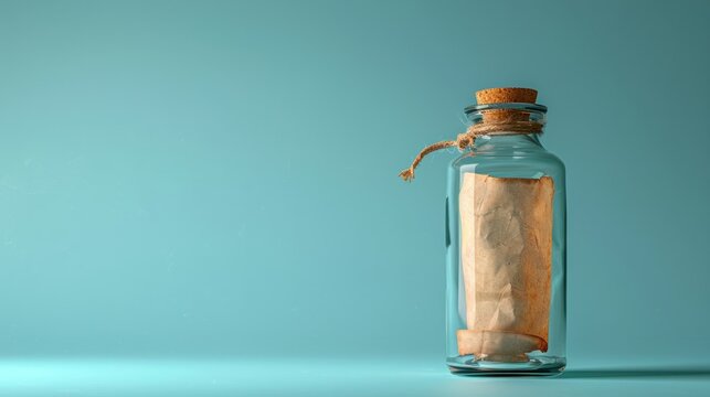 Glass bottle with a rolled-up message inside, isolated on a blue background with copy space on the right.