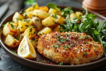 Schnitzel - Breaded and fried pork or veal cutlet with lemon wedges and potato salad. 
