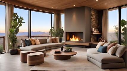 a spacious living area featuring a fireplace