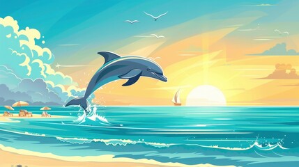 A Dolphin Jumping Out Of The Water Close To The Shore, Surprising Beachgoers, Cartoon ,Flat color
