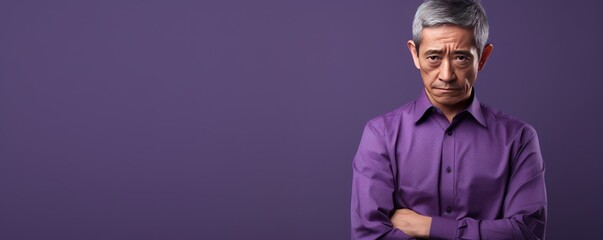 Purple background sad Asian man. Portrait of older mid-aged person beautiful bad mood expression boy Isolated on Background depression anxiety fear burn out health issue
