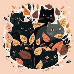 Cute cartoon cats in yellow autumn leaves