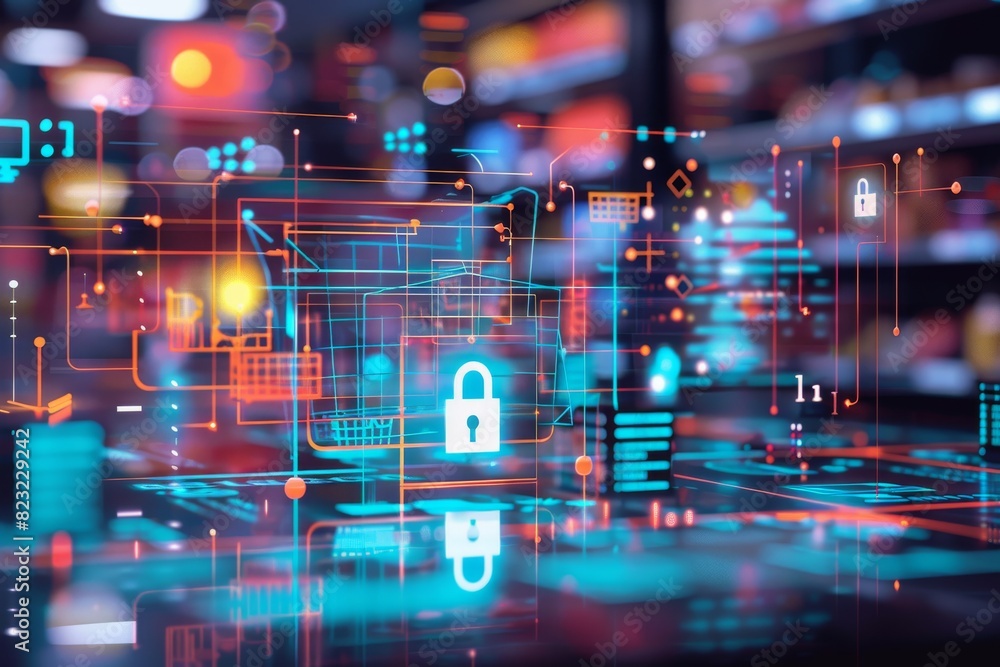Poster cybersecurity interface with locks and digital shopping elements
