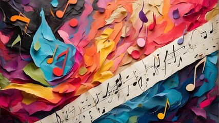 Colorful notes on a long, narrow, abstract musical background, &ldquo;Colorful Abstract Music Background with Notes and Sheet Music&rdquo;