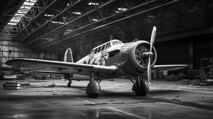 A black and white photo old vintage airplane in the hangar,art design