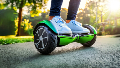 Close-up and bottom view of feet with sneakers of a girl, riding on electric mini gyro scooter or hoverboard in the park. Self-balancing scooter concept. Generative Ai.