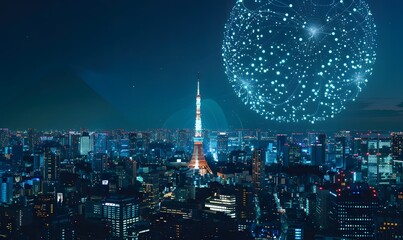 Digital Blue Cityscape with Network Connections in Tokyo