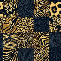 Wild animal skins and arabesque damask brocade fabric patchwork wallpaper abstract vector seamless pattern for fabric shirt pillow tablecloth wrapping towel tablecloth carpet rug  © PrintingSociety