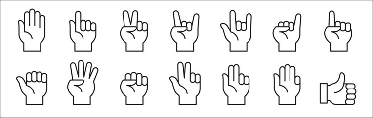 Hand finger signs set. Hands gesture icon set. Hands fingers symbol. included icons as palm, fist, bull, index, pinky, thumb up, counting and peace. Vector stock illustration in line style.