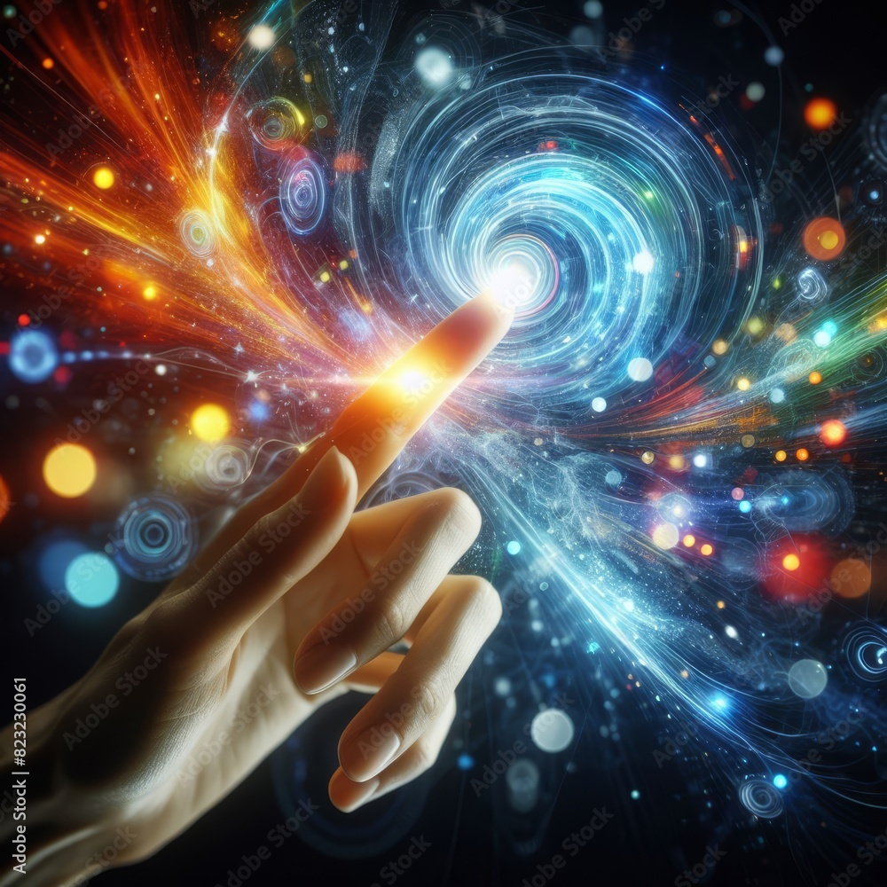 Poster a human finger reaching towards a swirling galaxy of digital light points, representing the connecti