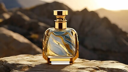 Golden perfume glass bottle mockup on the rock
