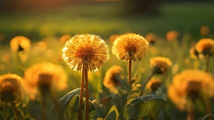 Golden dandelions in the sunset