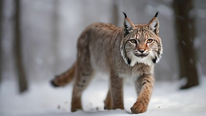 Lynx walking in a snowy forest