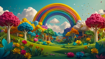 Beautiful illustration with flowers, rainbow in paper style decoration