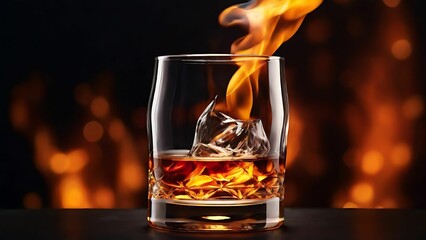 Whiskey in the glass with fire on boken background
