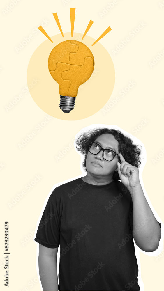 Poster man thinking of something with a light bulb puzzle as a symbol for new ideas