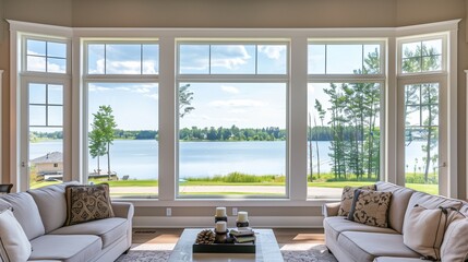 A large picture window with white trim, providing a panoramic view of the outdoors and flooding the interior space with natural light.