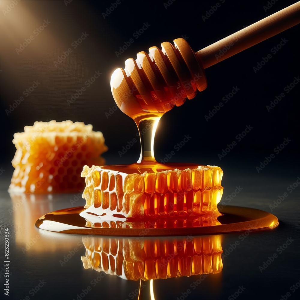 Poster high-quality image of golden honey dripping from a wooden dipper onto honeycomb, illuminated by a so