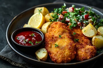 Fototapeta premium Schnitzel - Breaded and fried pork or veal cutlet with lemon wedges and potato salad. 