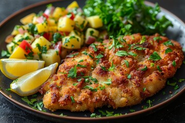 Schnitzel - Breaded and fried pork or veal cutlet with lemon wedges and potato salad. 