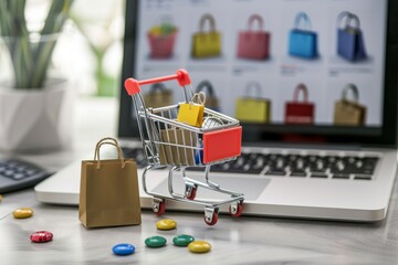 Shopping Cart and Bag on Keyboard Representing Online Shopping Convenience