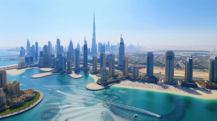 Fototapeta premium Skyline, with luxurious skyscrapers and man-made islands, glistens under the desert sun.