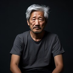 Silver background sad Asian man. Portrait of older mid-aged person beautiful bad mood expression boy Isolated on Background depression anxiety fear burn out health