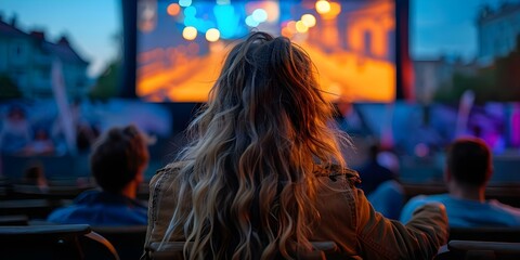 People watching a movie together outdoors creating a shared cinematic experience. Concept Outdoor Movie Night, Community Gathering, Cinematic Sharing, Group Entertainment, Film Viewing