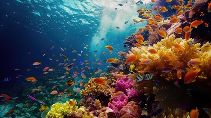 Divers exploring vibrant coral reefs teeming with colorful fish and marine life