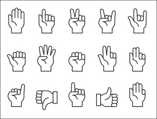 Hands gesture icon set. Hand finger signs set. Hands fingers symbol. included icons as palm, fist, bull, index, pinky, thumb up, counting and peace. Vector stock illustration in line style.