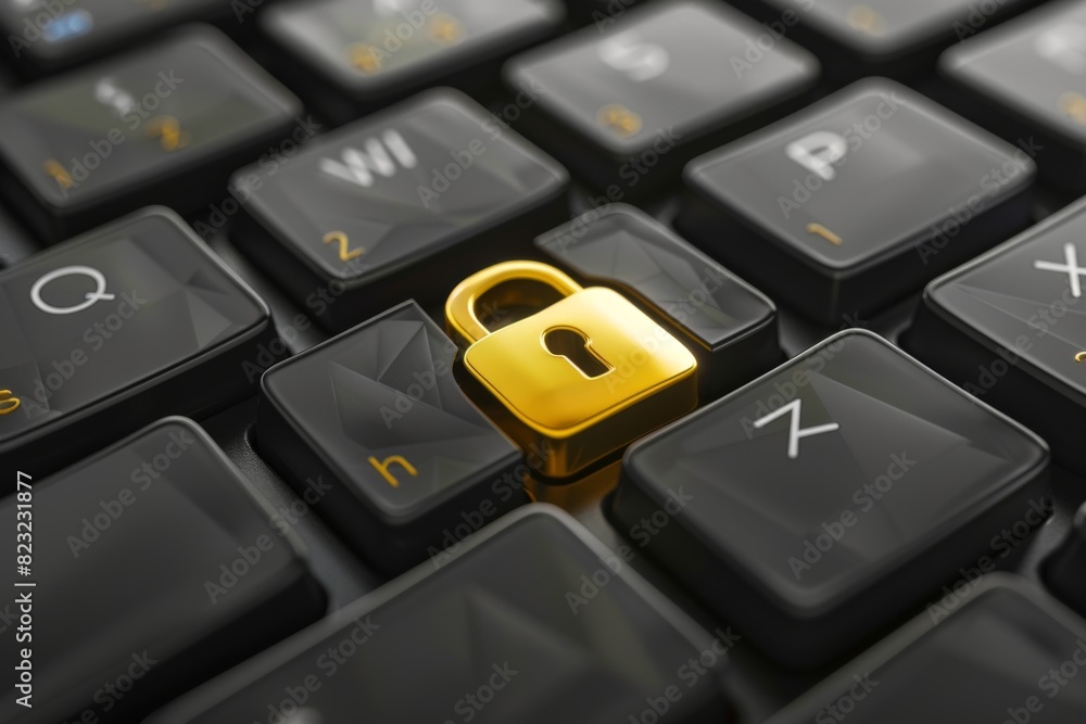 Poster gold lock on keyboard representing online security and data protection