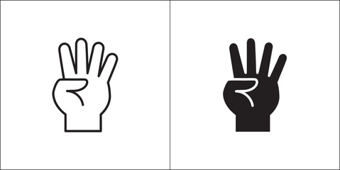 Four finger hand icon. Number four hand gesture. Hand sign. Vector stock illustration. Flat and line design style. Isolated on white background.